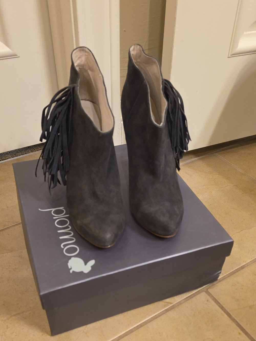 Plomo Gray Suede Fringe Ankle Booties